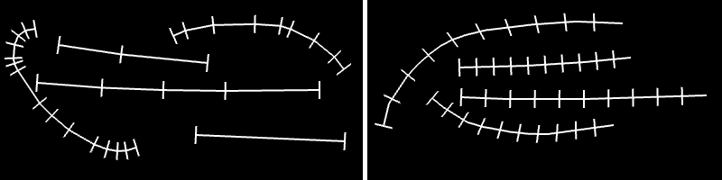 Figure 14: Drawing normals at the vertices of a polyline, without and with resampling points evenly