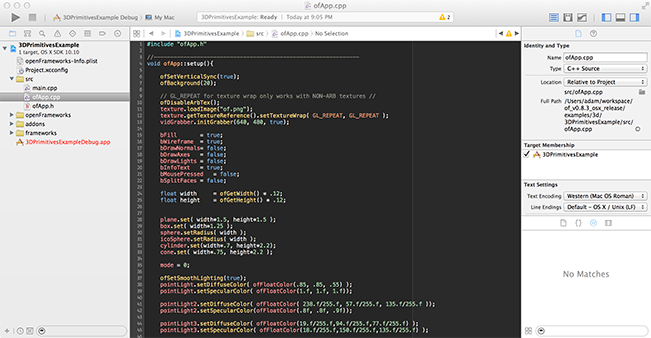 xcode showing an openframeworks example