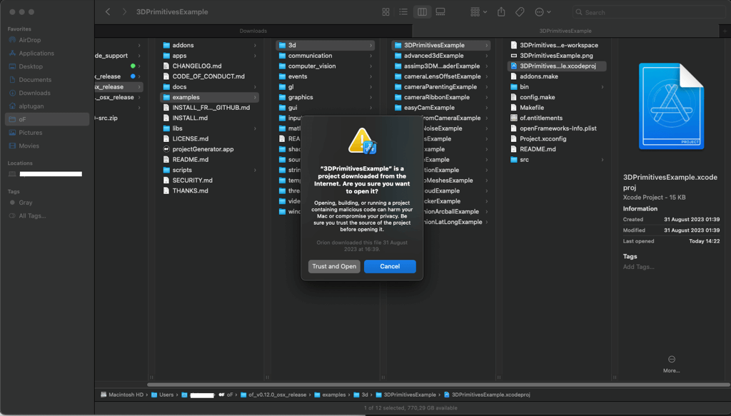 xcode showing an openframeworks example